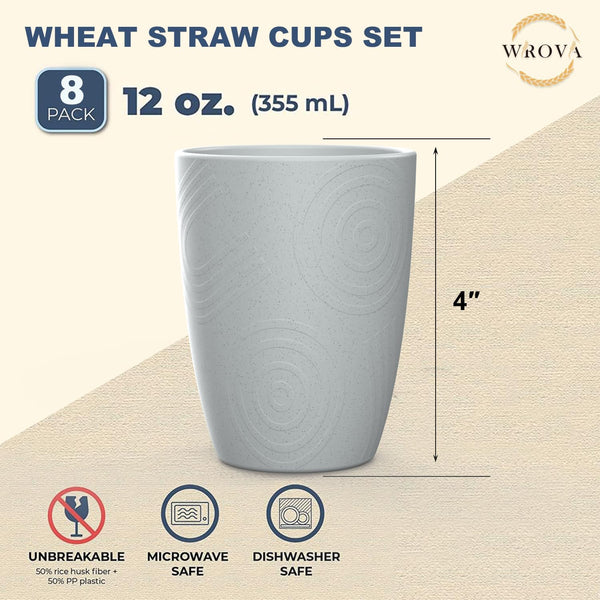 Wheat Straw Cups 8 PCS Good Alternative to Plastic Reusable Cups 12 Oz Unbreakable Drinking Cup Reusable Dishwasher Safe Water Plastic Glasses