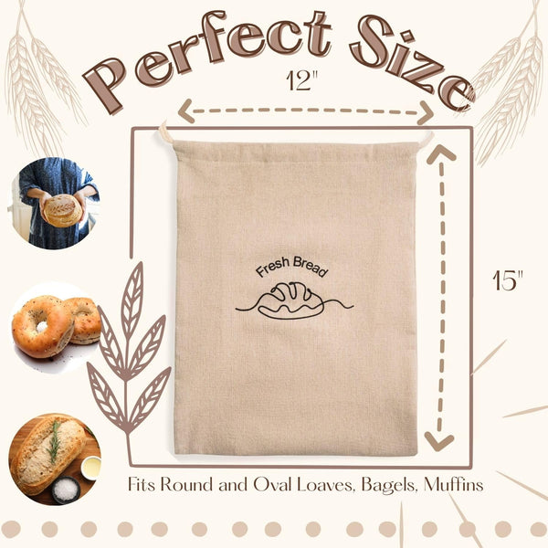 Simply H&K Linen Bread Bags [Pack of 3] with Inner Lining - Keeps Homemade Bread Fresh & Secure - Perfect for Sourdough & Gift Giving - Set of