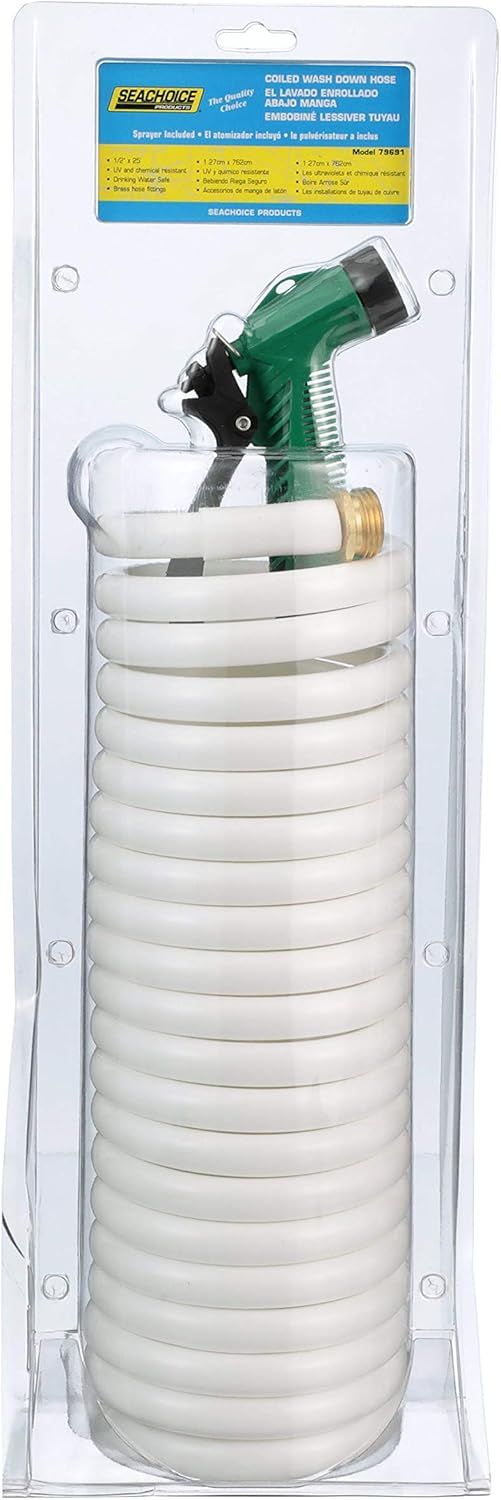 Seachoice Coiled Washdown Hose W/ Sprayer and Brass Fittings, 25 Ft., White