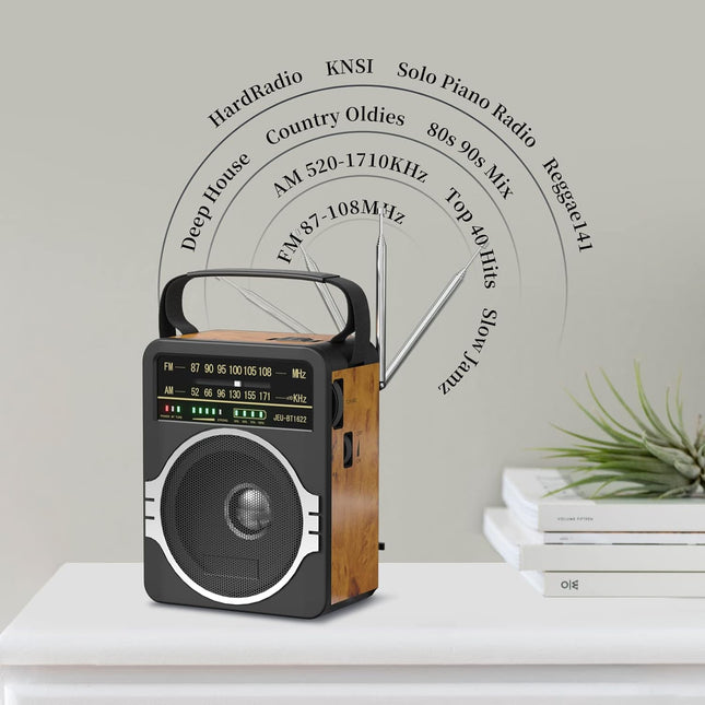Portable AM FM Radio, Bluetooth 5.0 Radios 5 Watts Loud Speaker,Fm Radio Built-In Rechargeable Battery/Dc D*4 Cell Batte