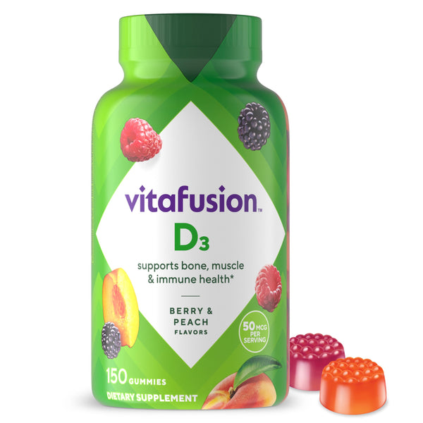 Vitafusion Vitamin D3 Gummy Vitamins for Bone and Immune System Support, Peach, Blackberry and Strawberry Flavored, 50 Mcg Vitamin D, AmericaâS