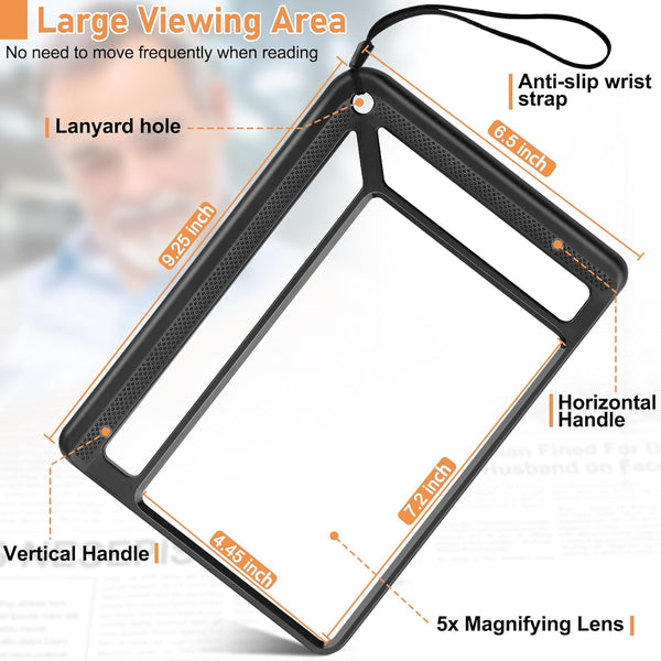 5X Full Page Magnifying Glass for Reading, Lightweight Rectangular Magnifier Provides Large Book Page Viewing Area, Upgraded Handheld Magnifier