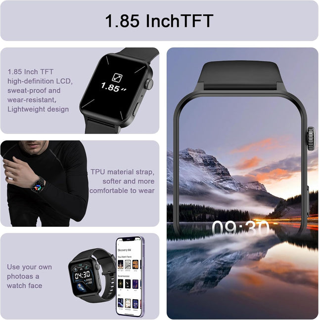 IOWODO Smart Watch for Men Women - 1.85''HD Screen with Make and Answer Calls, with AI Voice Assistant, Spo2/Heart Rate/