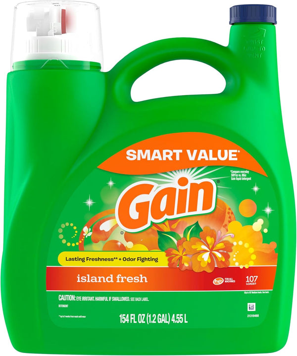 Gain + Aroma Boost Liquid Laundry Detergent, Island Fresh Scent, 107 Loads, 154 Fl Oz, HE Compatible