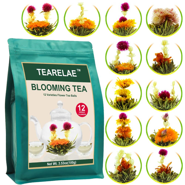 TEARELAE Blooming Tea Flowers - 12Pcs Individually Sealed Flowering Tea Balls - Hand-Tied Natural Green Tea Leaves & Edible Flowers - Gifts for