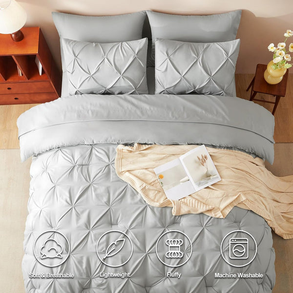 Cozylux King Size Comforter Set Light Grey, 7 Pieces Pintuck Bed in a Bag Gray Comforter King Size, Pinch Pleat Bedding Set with All Season