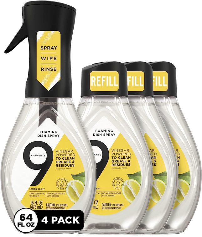 9 Elements Natural Dish Soap, Dishwashing Liquid with Lemon Essential Oils, Made with the Power of Vinegar, 1 Dish Spray