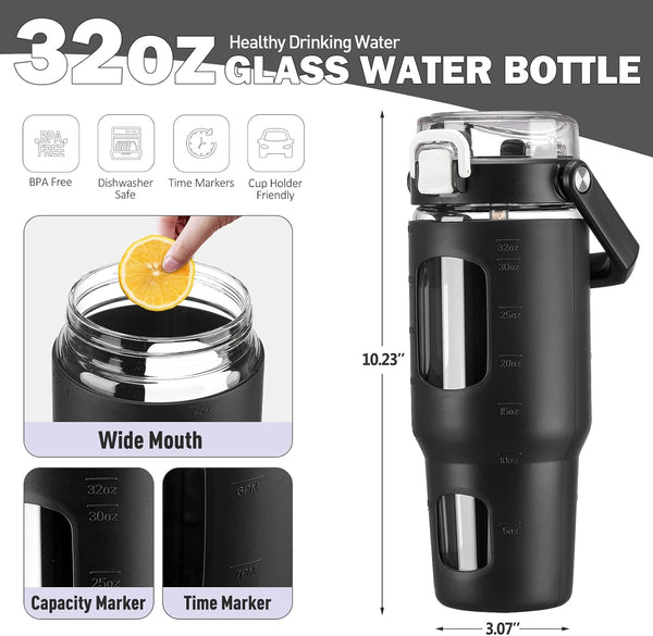 BLUEGO 32Oz Glass Water Bottle with Handle and Straw|Leakproof Sports Glass Bottle with Time Marker and Silicone Sleeve|Glass Drinking Bottle for