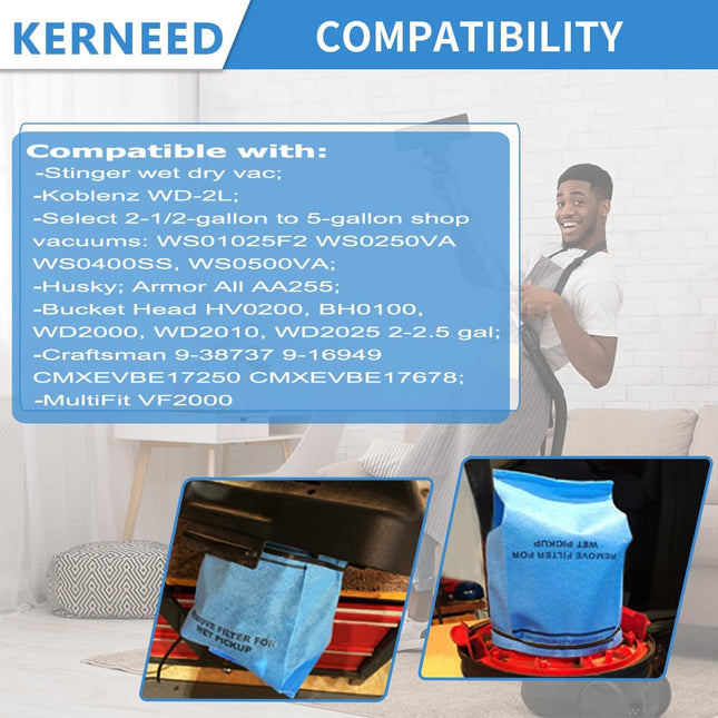 8 Pack Wet Dry Filter Bags Compatible with WORKSHOP WS01025F2, Craftsman 9-38737, Multifit VF2000, Select 2-1/2 to 5-Gal