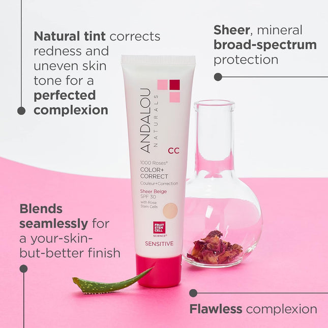 Andalou Naturals 1000 Roses CC Color + Correct with SPF 30, Sheer Beige, 2-in-1 Face Sunscreen + CC Cream for Sensitive 