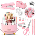 SKYDUE Pink Desk Accessories 10Pcs, 360-Degree Rotating Pen Holder, Stapler, Staple Remover, Tape Dispenser,2Pcs Tape Refills, Binder Paper Clips