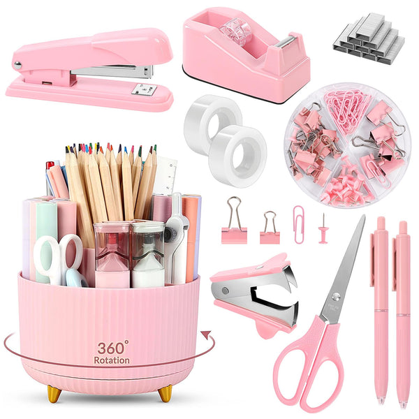 SKYDUE Pink Desk Accessories 10Pcs, 360-Degree Rotating Pen Holder, Stapler, Staple Remover, Tape Dispenser,2Pcs Tape Refills, Binder Paper Clips