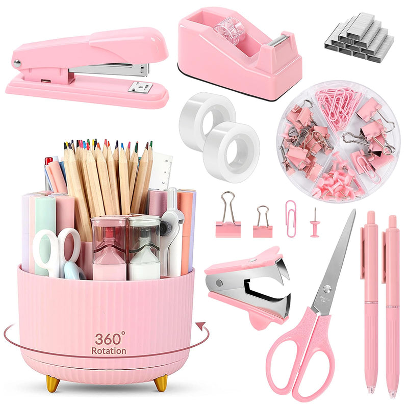 SKYDUE Pink Desk Accessories 10Pcs, 360-Degree Rotating Pen Holder, Stapler, Staple Remover, Tape Dispenser,2Pcs Tape Refills, Binder Paper Clips