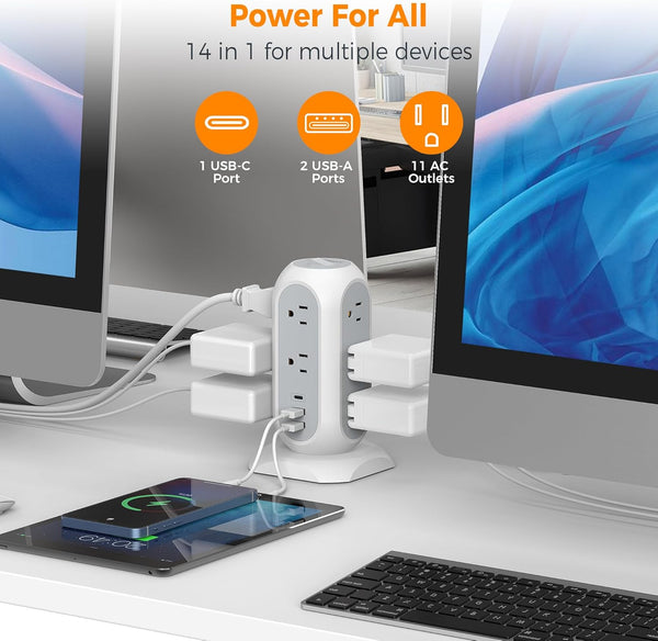 Tower Power Strip Flat Plug with 11 Outlets 3 USB (1 USB C), TESSAN Surge Protector Tower 1625W/13A,1050J Protection, 6 Feet Extension Cord with