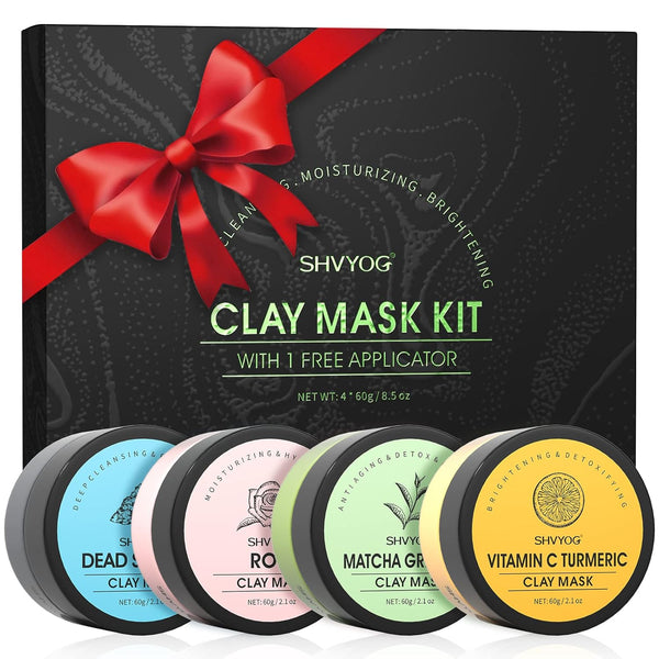 4 Pcs Clay Facial Mask Set - Turmeric, Vitamin C, Green Tea, Dead Sea Mud, and Rose Clay Skin Care Mask for Deep Cleansing, Moisturizing, and