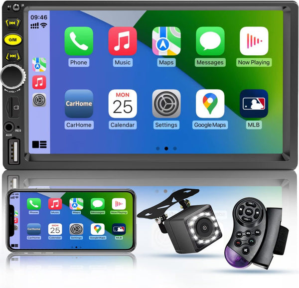 7 Double Din Touch Screen Car Radio with Apple Carplay,7 Inch Bluetooth Car Stereo with Backup Camera, FM Steering Wheel Controls,Mirror Link