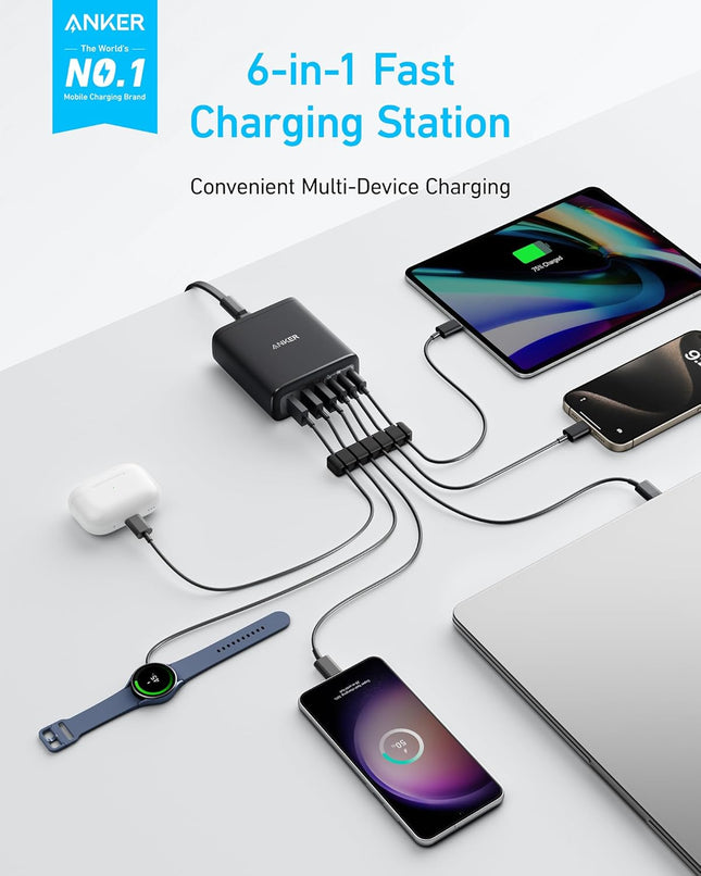 Anker Desktop Charger, Fast Charging USB C Charger, 112W Max 6-Port Charging Station, for Iphone, Ipad, Macbook, Samsung