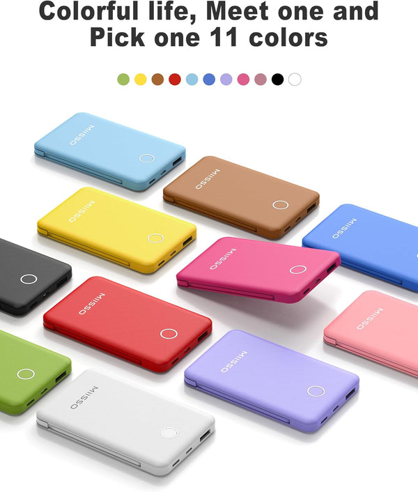6000Mah Ultra Slim Built in Cables Power Bank, Card Size Built in USB C Cords Battery Pack Portable Charger for Phones, 3 Output External Battery