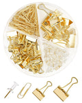 Gold Paper Clips and Binder Clips Set, Metal Assorted Sized Binders with Push Pins, Cute Gold Office Supplies for Desk, Desk Accessories