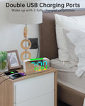 RGB Digital Mirror Alarm Clock, 15 Dynamic Color & 7" Large Screen, 7-Color Night Light, 2 USB Charger, 2 Loud Alarm,4 Dimmable Level,Battery
