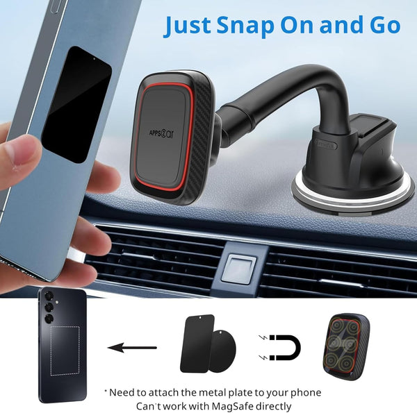 Apps2Car Magnetic Car Phone Holder Mount [6 Strong Magnets], Cell Phone Holder Car [Suction Cup], Phone Car Holder Mount [Windshield Dashboard]
