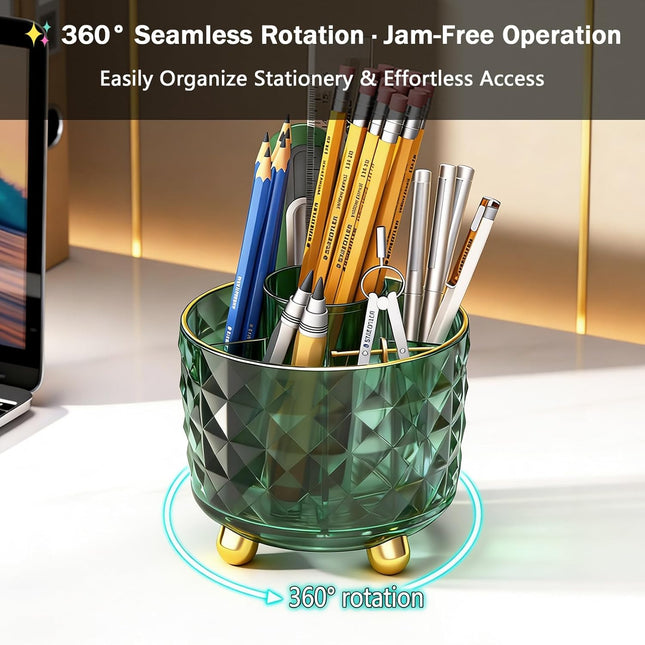 Dark Green Pen Pencil Holder for Desk, 360° Rotating Pen Organizer, Green Office Supplies, Cute Pen Holder, 6-Compartmen