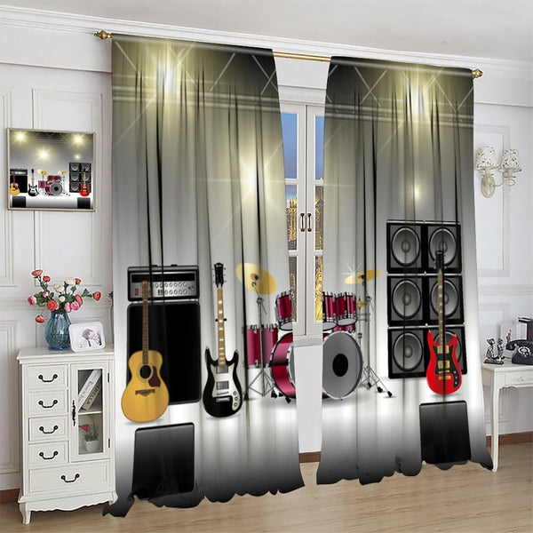 Rock Music Curtains, Teens Boys Electronic Musical Instrument Curtain Guitar Drum Speaker Window Drapes for Bedroom Living Room 42" W X 45" L