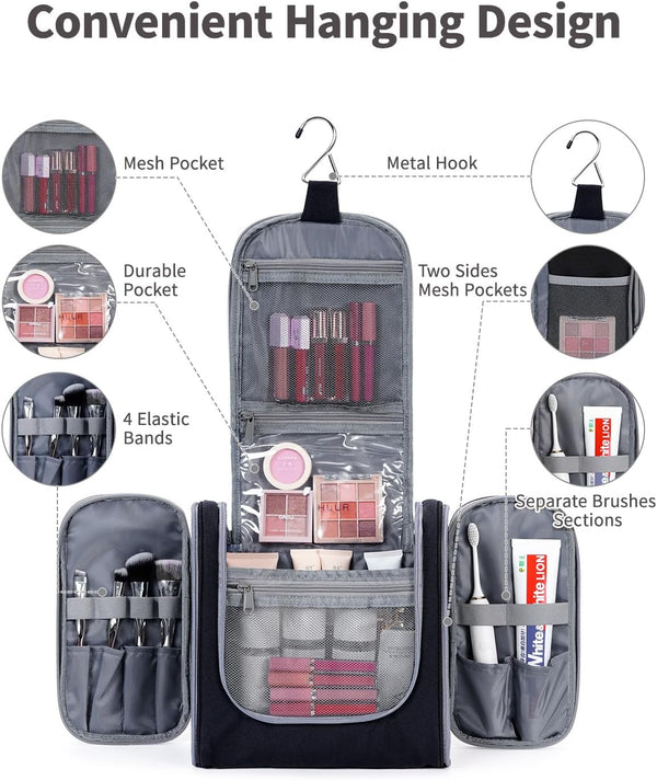 Hanging Toiletry Bag for Women Travel Makeup Bag Organizer Toiletries Bag for Cosmetics Essentials Accessories (Large, Black)