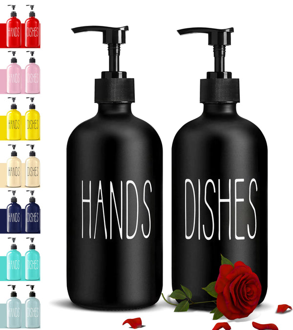 Glass Soap Dispenser Set 2 Pack,Contains Hand and Dish Soap Dispenser.Premium 16 Oz Black Kitchen Soap Dispenser Set for Kitchen Sink and