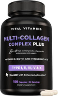 Vital Vitamins Multi Collagen Complex plus - with Biotin, Hyaluronic Acid, Vitamin C - Type I, II, III, V, X - for Women & Men - Hair, Skin, Nails