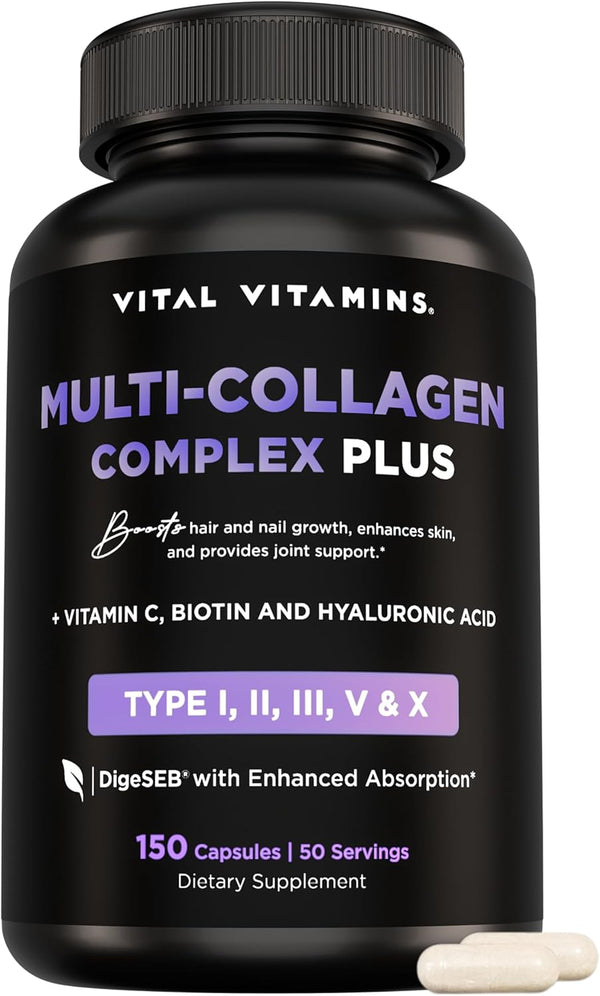 Vital Vitamins Multi Collagen Complex plus - with Biotin, Hyaluronic Acid, Vitamin C - Type I, II, III, V, X - for Women & Men - Hair, Skin, Nails