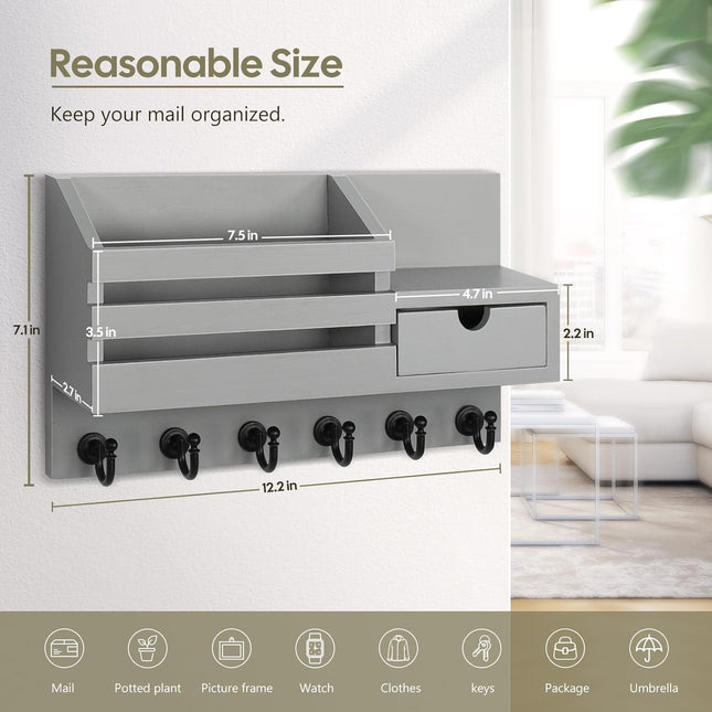 Key and Mail Holder for Wall, Mail Organizer Wall Mount with 6 Hooks and Storage Drawer, Easy Installation Key Rack for 