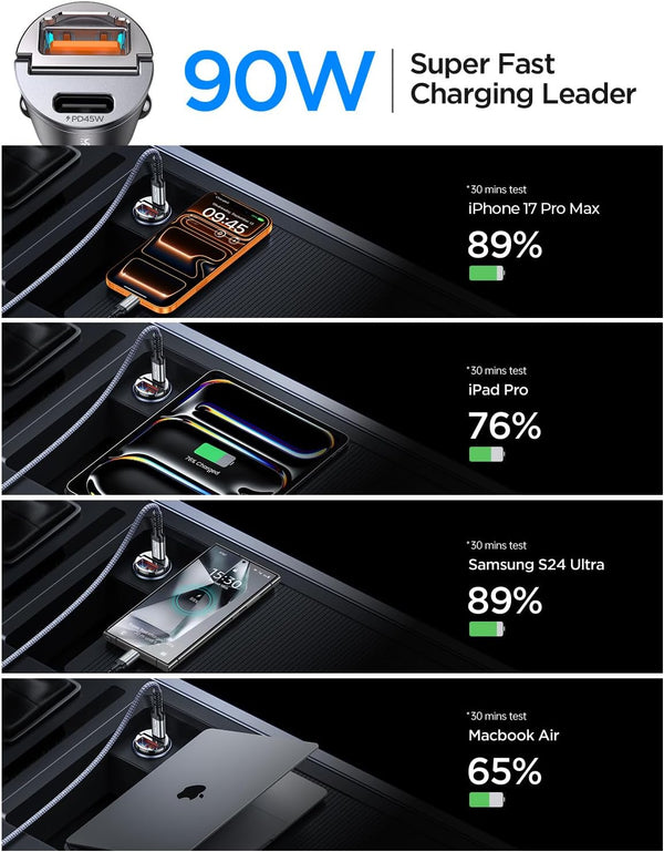 MRGLAS 90W USB C Car Charger Fast Charging,[Invisible Design] All Metal Car Charger USB C PD45W+QC3.0 Dual Port Cigarette Lighter Car Adapter for