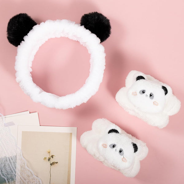 Pom Pom Panda Ears Plush Wash Face Headband Spa Wrist Band Cuffs Hair Scrunchy Women Girls Facial Makeup Skincare Bath Head Wrap Kids Costume