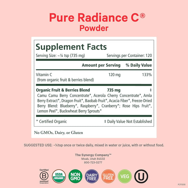 Pure Synergy Pure Radiance C | Organic Vitamin C Powder | 100% Natural, Whole Food, Non-Gmo Supplement with Camu Camu Extract | for Immune and