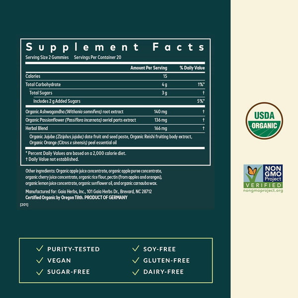 Gaia Herbs Sleep Gummies - Sleep Support*- Ashwagandha, Reishi Mushroom & Passionflower - USDA Certified Organic, Non-GMO Project Verified, Gluten