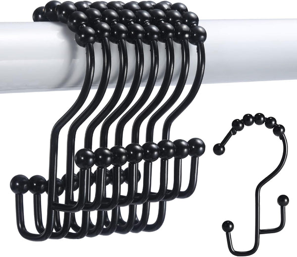 Shower Curtain Hooks, 12 Pcs Double Shower Curtain Hooks Rings, Black Shower Curtain Hooks Rust Proof, Stainless Steel Bathroom Shower Hooks for