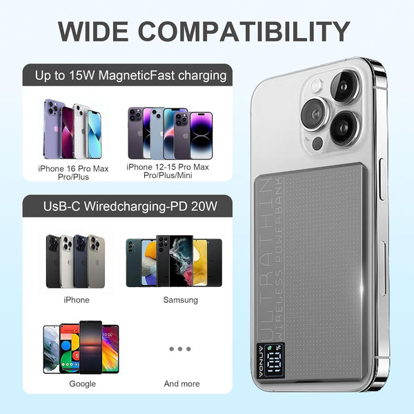 Magnetic Portable Charger 5000mAh with 15W Wireless & 20W PD Fast Charging,Ultra-Slim Travel-Ready Design,LED Display & Premium Metal