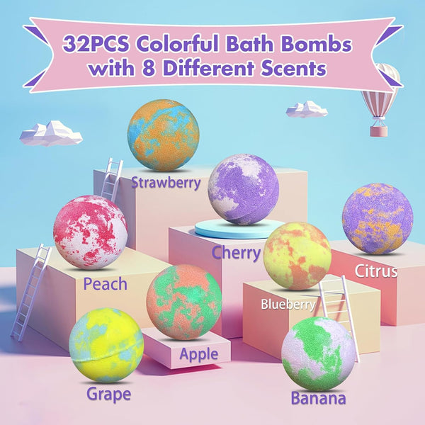 Bath Bombs for Kids with Surprise Inside, 32 Pack Bath Bombs with Land & Sea Animal Toys, Handmade Fizzy Bubble Children Bath Ball Gift Set for