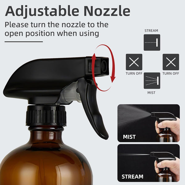 Empty Amber Glass Spray Bottles with Adjustable Nozzle - Large 16 Oz Refillable Bottle Is Great for Essential Oils, Plants, Cleaning Solutions,