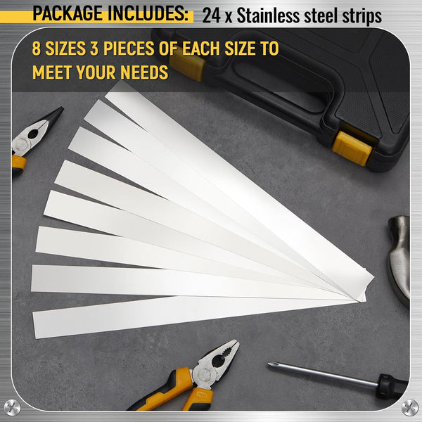 Amylove 24 Pcs 304 Stainless Steel Strips Shim Stock Metal Shims 1" Width X 6" Length Assortment 8 Thickness Sizes Thin Metal Sheet for Kitchen
