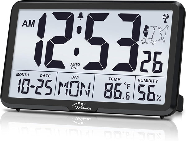 Wallarge Atomic Clock with Indoor Outdoor Temperature, Self-Setting Digital Wall Clock Battery Operated, 4 Time Zones, DST