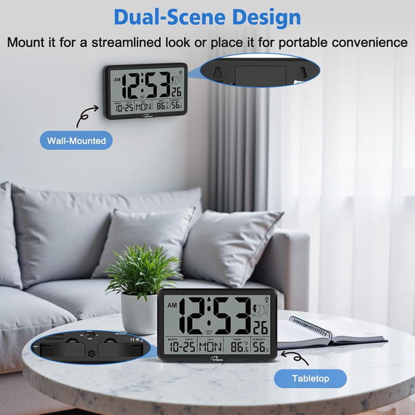 Wallarge Atomic Clock with Indoor Outdoor Temperature, Self-Setting Digital Wall Clock Battery Operated, 4 Time Zones, DST