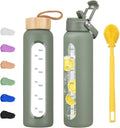 32 Oz Glass Water Bottle with 2 Lids-Handle Straw Lid & Bamboo Lid,1 Liter Motivataional Tumbler Water Bottle Time Marker, Borosilicate Glass