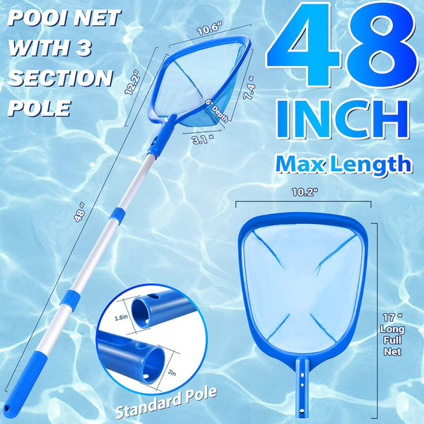 Pool Skimmer - Pool Net with 3 Section Pole, 48 Inch Pool Skimmer Net with Pole Total Length, Pool Nets for Cleaning, Fine Mesh Net Pool Skimmer