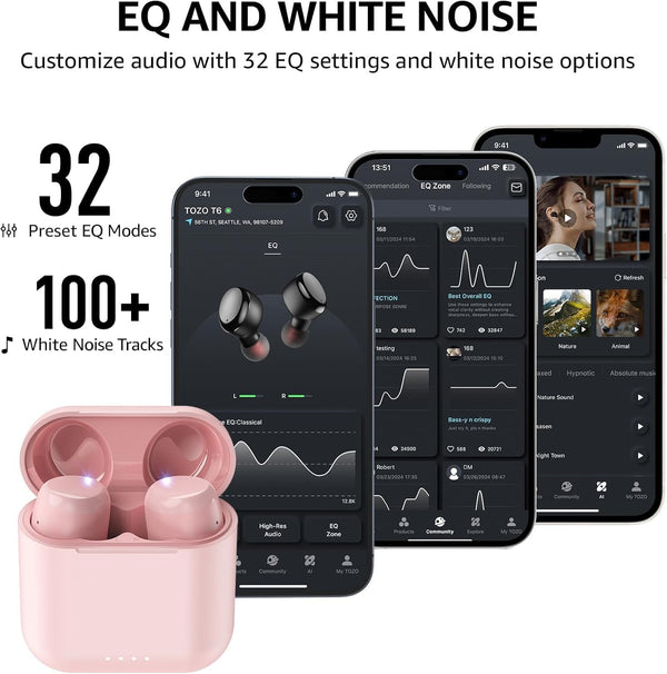 TOZO T6 Wireless Earbuds Bluetooth 5.3 Headphones, Ergonomic Design in Ear Headset, 50Hrs Playtime with Wireless Charging Case, APP EQ