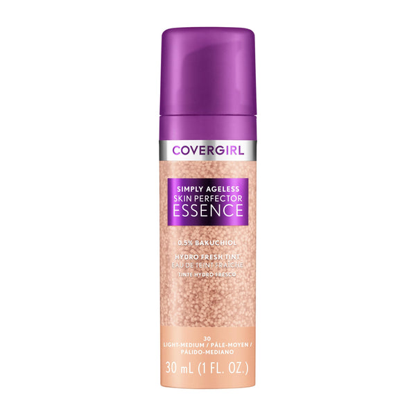 Covergirl Simply Ageless Skin Perfector Essence Foundation, 30 Light-Medium,Tinted Skincare Makeup Hybrid, Sheer Tint, Radiant Finish, Glowy