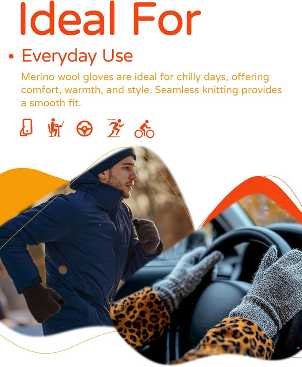 Merino Wool Gloves for Men & Women, Touch Screen Warm Gloves Liners Thermal Soft Knit for Driving Running Hiking