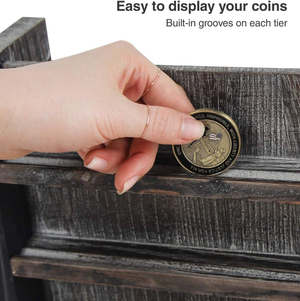 J JACKCUBE DESIGN Rustic Wood Wall Mount Coins Display Rack - 5 Tier Military Holder for Army, Air Force, Navy Awards Collectors Shelf - MK590A