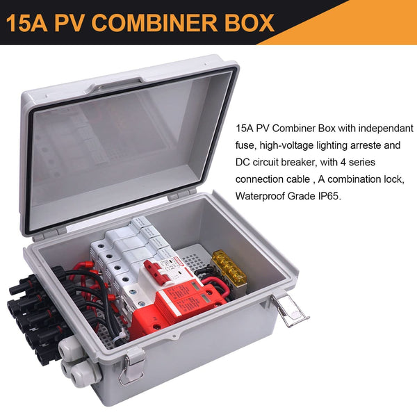 Mankk 4 String PV Combiner Box IP65 Waterproof Solar Combiner Box with 63A Circuit Breaker Lightning Arreste Solar Connector and 15A Rated Current